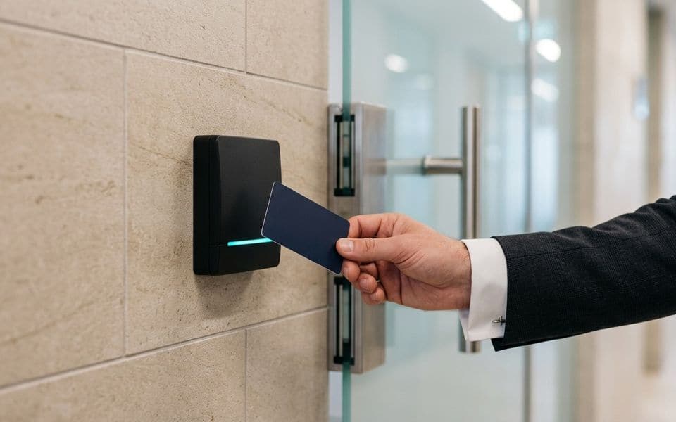 Una mano acercando una tarjeta de acceso a un lector de puerta