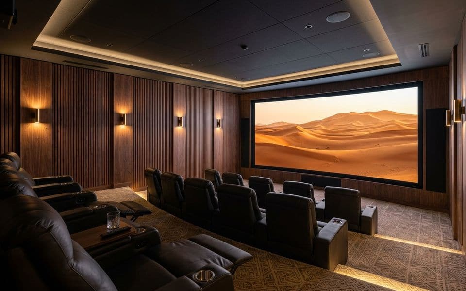 A private home cinema with tiered seating and a large screen