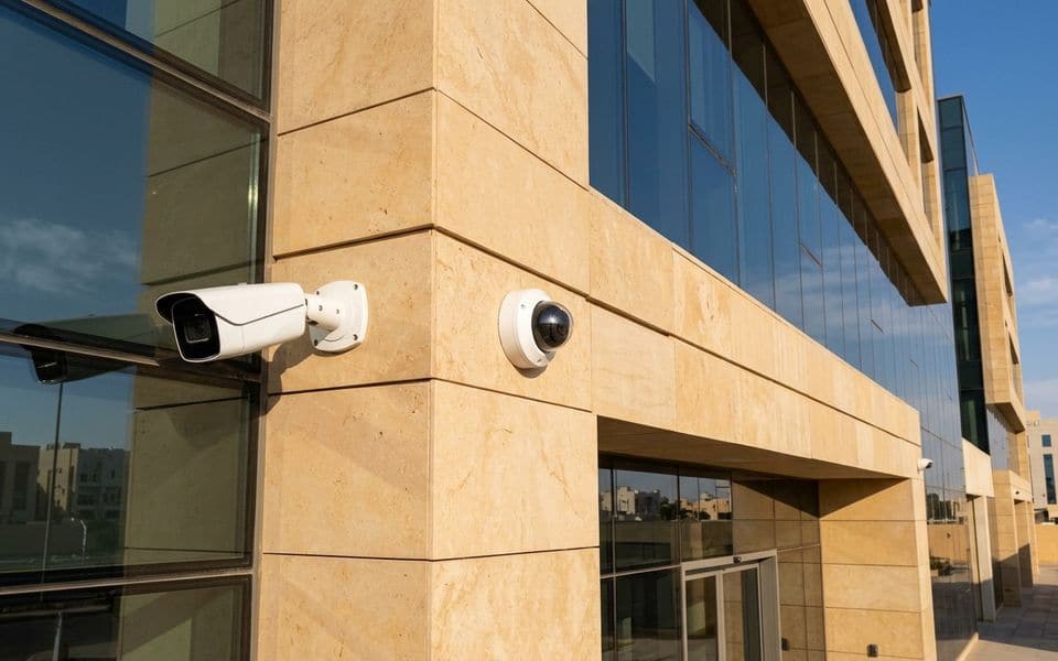 كاميرات مراقبة مثبتة على واجهة مبنى مكاتب حديث