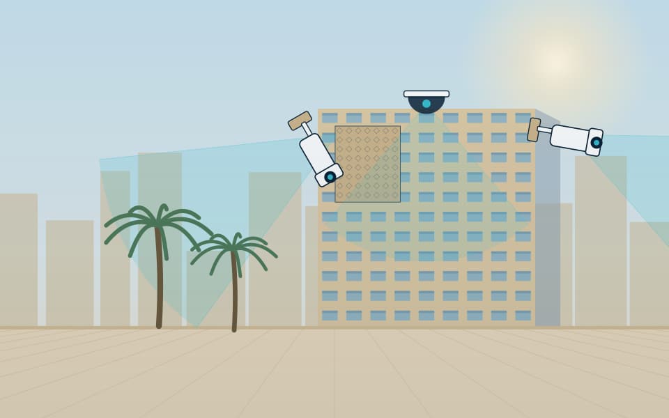 Building facade with external cameras covering the approaches, in daylight