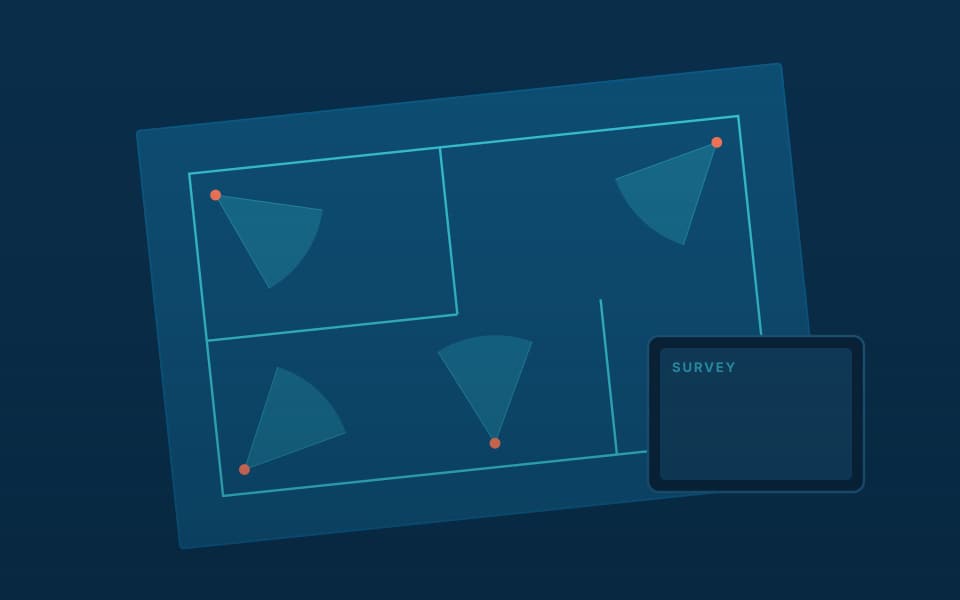 Survey drawing with camera positions and fields of view, at night