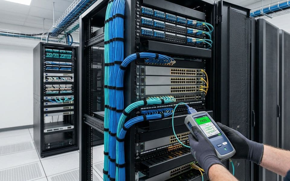 A cable certification tester connected at a network rack