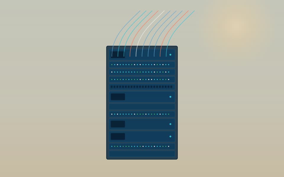 Communications rack with patch panels and switches, in daylight