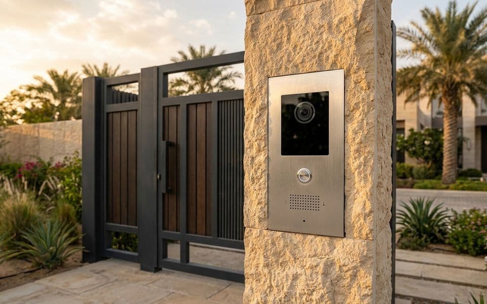 A video door station beside a villa gate