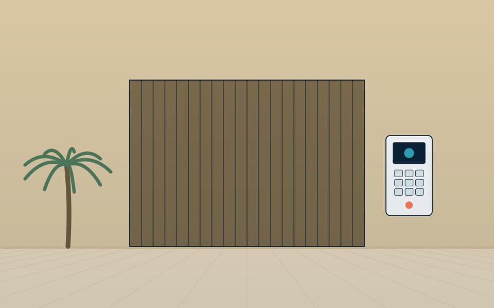 Villa gate with an outdoor video intercom panel, in daylight