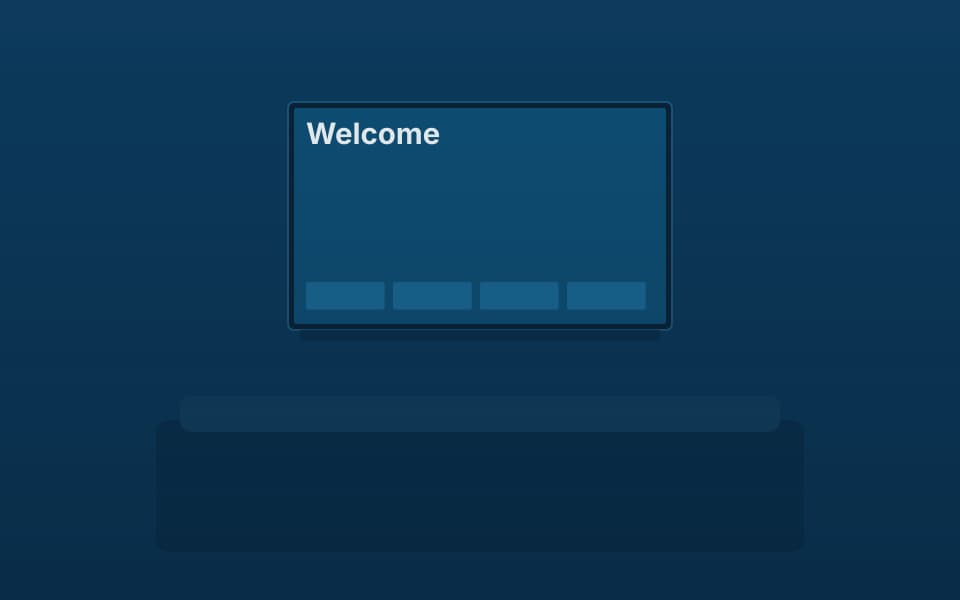 Televisor de habitación con pantalla de bienvenida, de noche