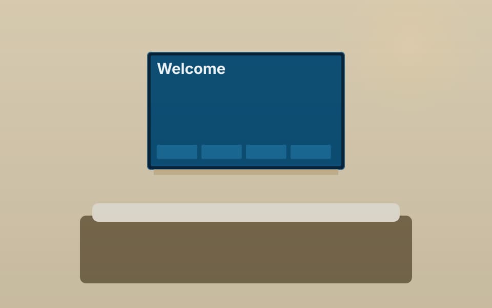 Televisor de habitación con pantalla de bienvenida, de día