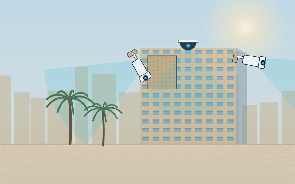 واجهة مبنى بكاميرات خارجية تغطي المداخل والممرات, نهاراً