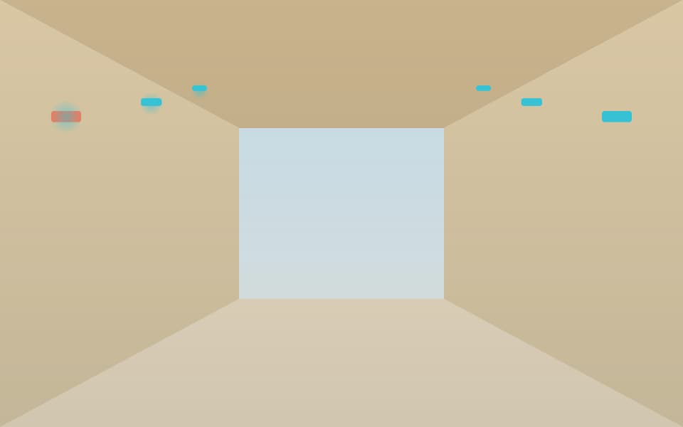 Hospital corridor with nurse-call lights above the doors, in daylight