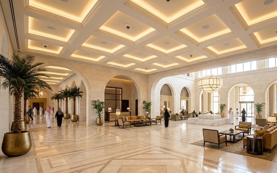 A hotel-style lobby with arched ceilings and seating areas