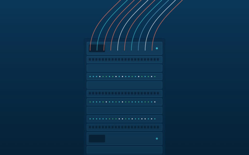 Communications rack with patch panels and switches (detail), at night