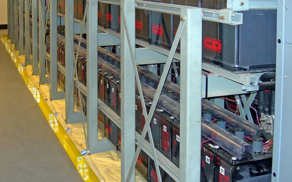 Battery racks in a UPS battery room